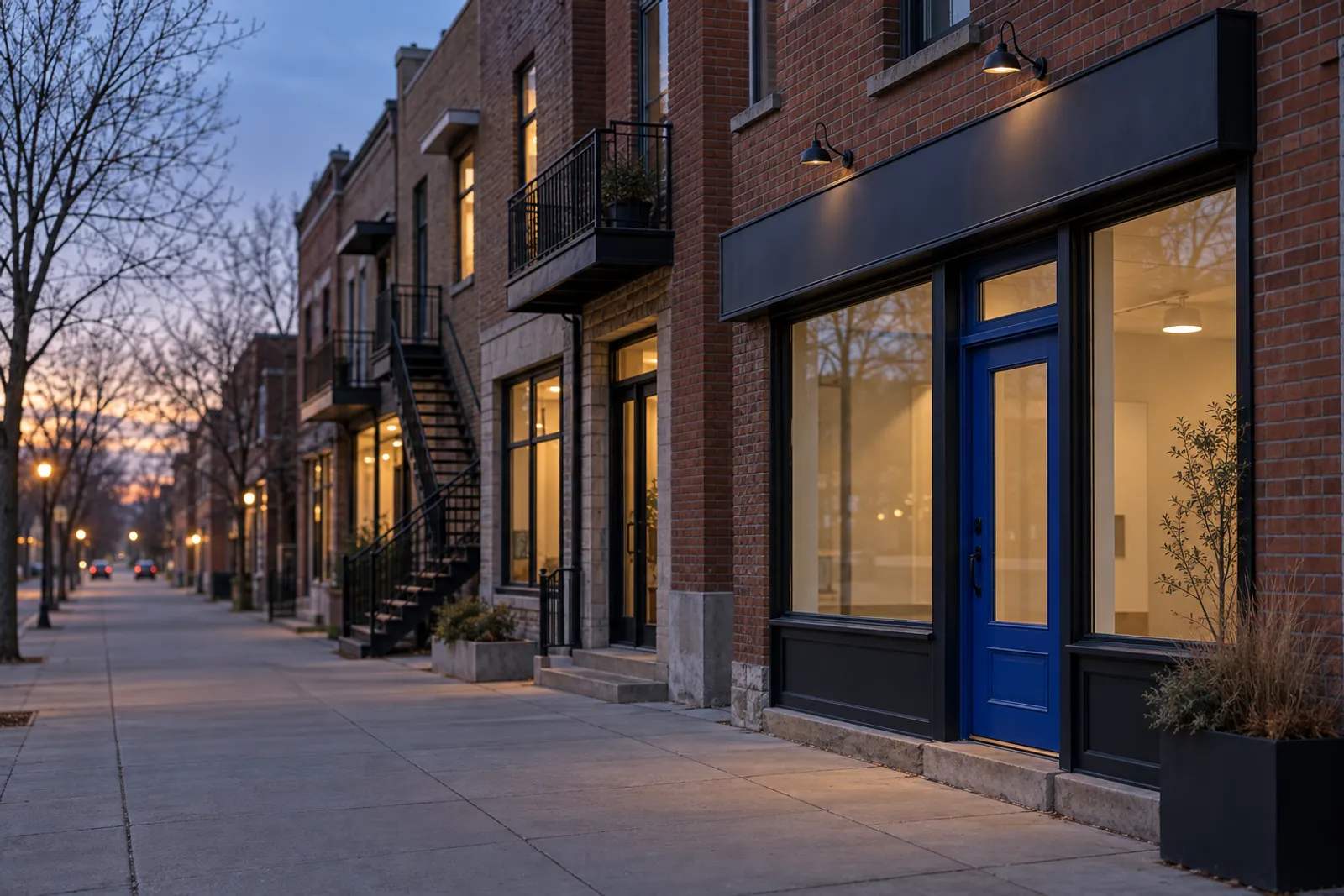A quiet Montréal commercial street at dusk, brick shopfronts lit from inside and one blue door.