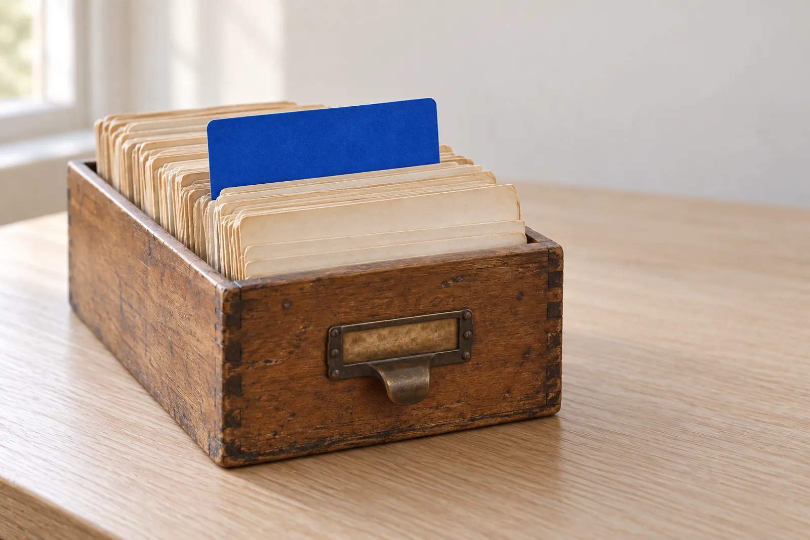 A wooden index-card box on a desk, with one blue card pulled forward from the worn cream cards