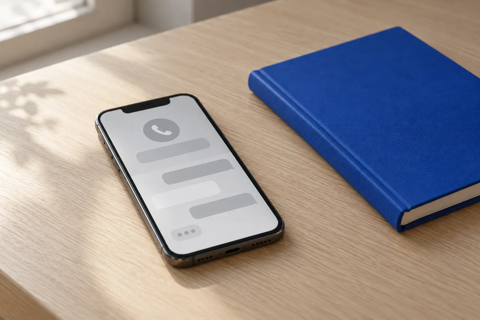 A smartphone face-up on a wooden desk showing a missed call and a message thread, a blue notebook beside it