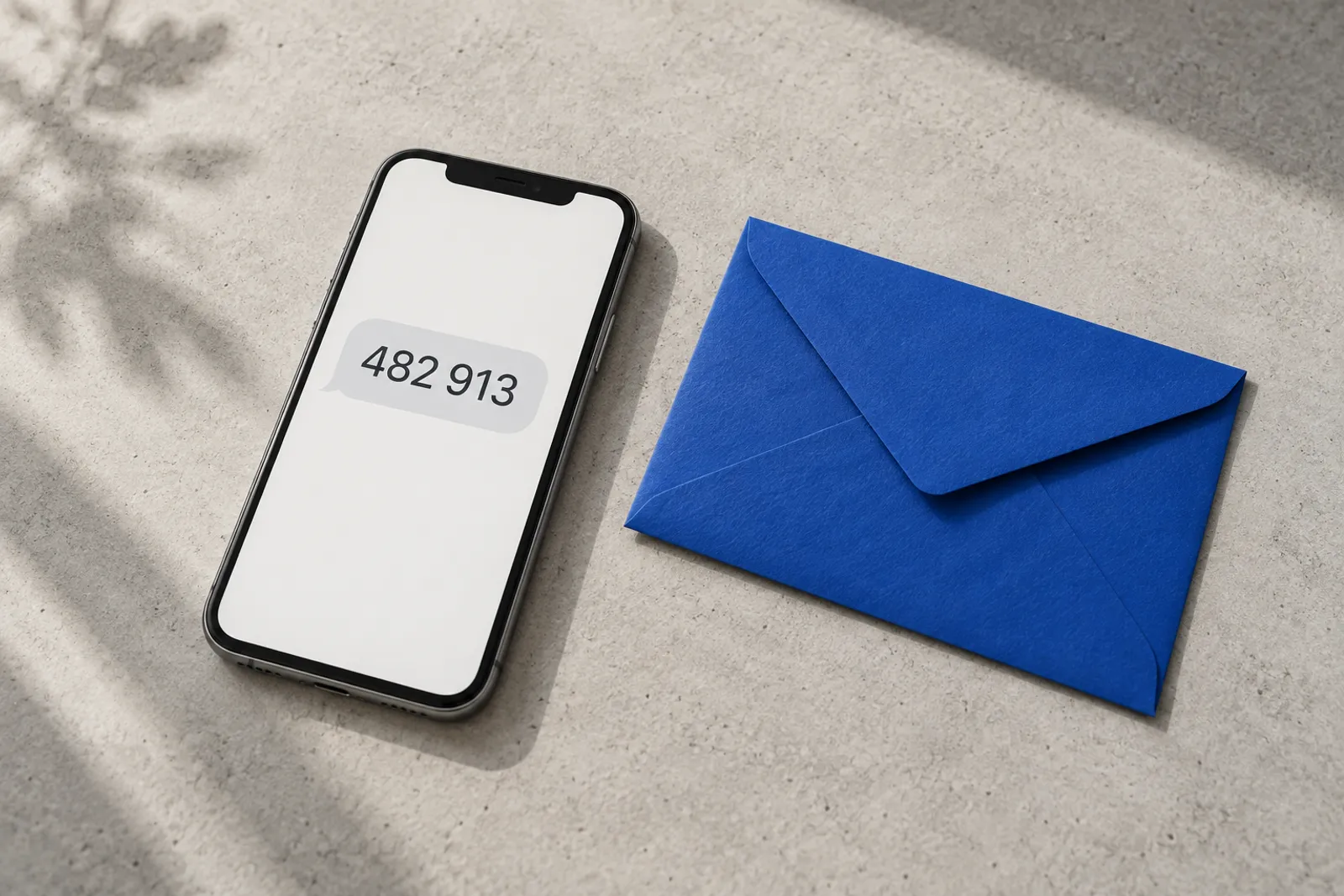 A smartphone on pale concrete showing a text message with a six-digit code, next to a blue envelope