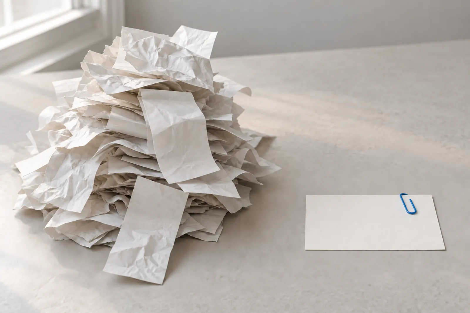 A tall messy pile of paper receipts beside a single neat index card with a blue paper clip on a pale desk