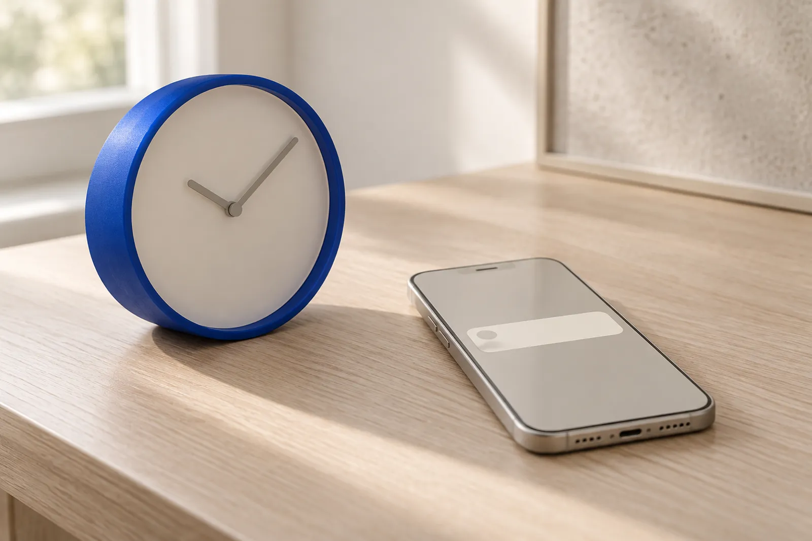 A blue desk clock beside a smartphone showing a new message notification on a pale oak desk