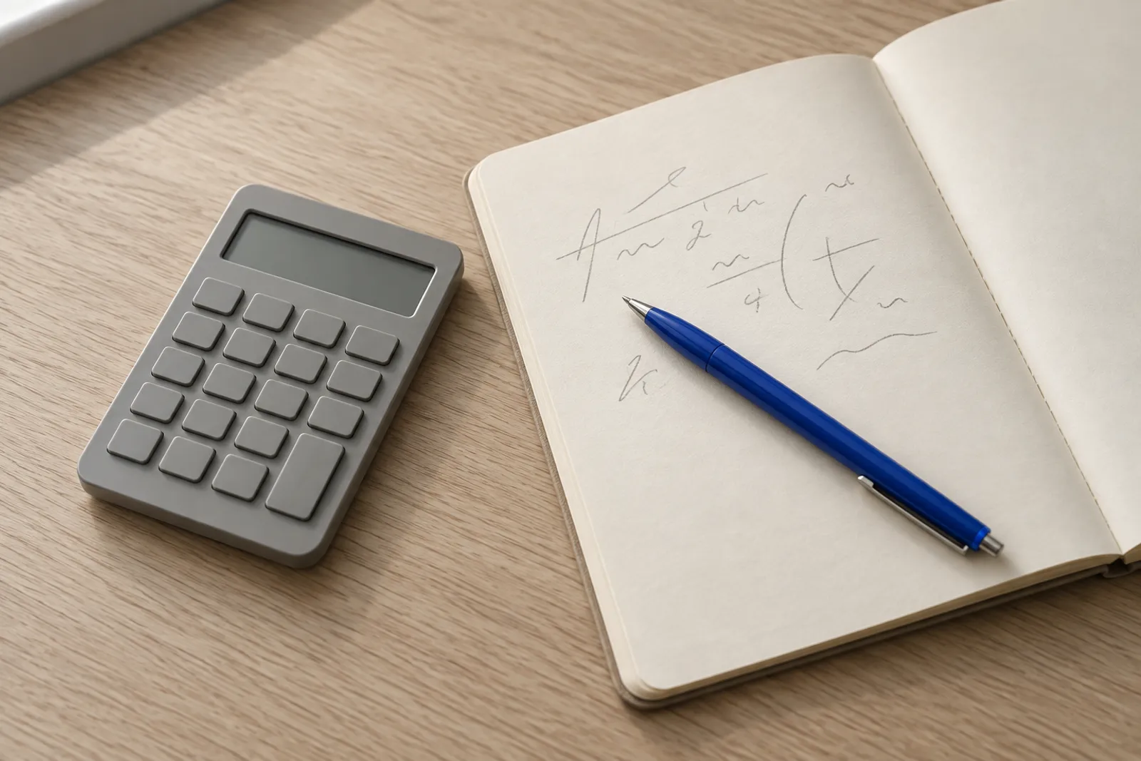 A calculator and a notepad with a pencilled formula on a desk, a blue pen lying across the page