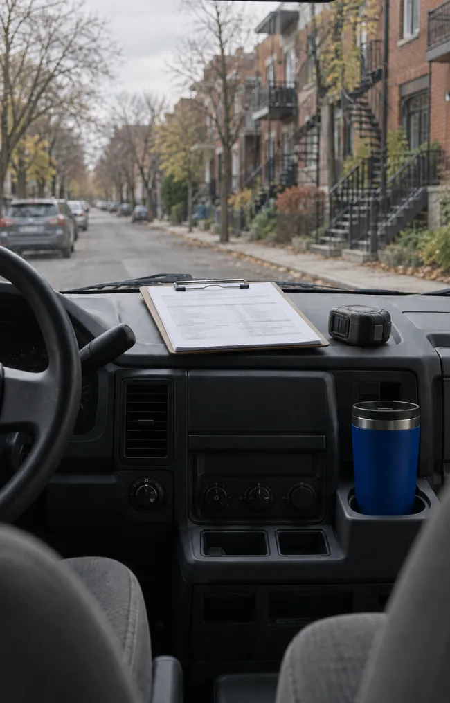 An empty contractor's van cab: a job quote on a clipboard on the dashboard, a Montréal street of plexes beyond.