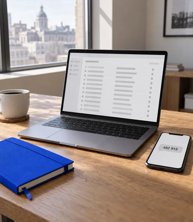 A small-business desk: a laptop showing a lead list beside a phone displaying an SMS verification code.