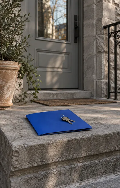 A blue quote folder and a set of keys resting on the stone front step of a Montréal greystone.