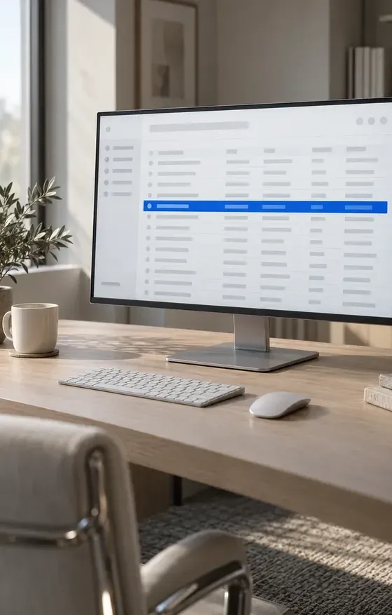 Un écran d’ordinateur affichant une liste de leads, une ligne surlignée en bleu.