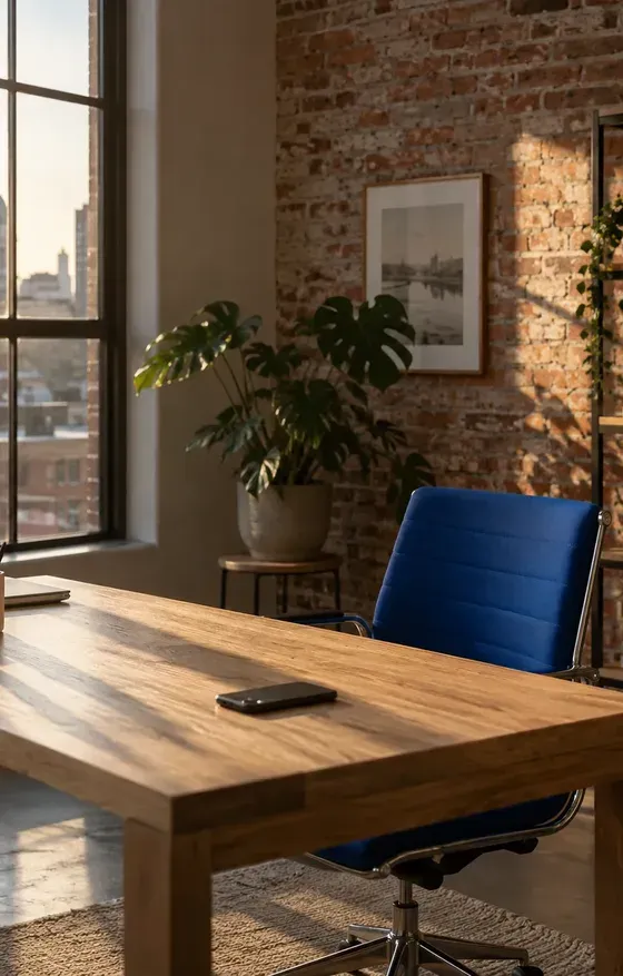 Un bureau ensoleillé avec un mur de briques, une table en bois et une chaise bleue.