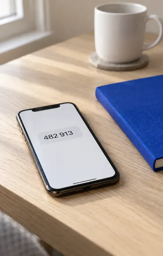 Un téléphone intelligent sur un bureau en bois affichant un code de vérification à six chiffres, à côté d’un carnet bleu.