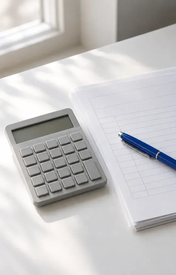 Une calculatrice grise, un stylo bleu et un bloc-notes ligné sur un bureau blanc, en lumière douce.