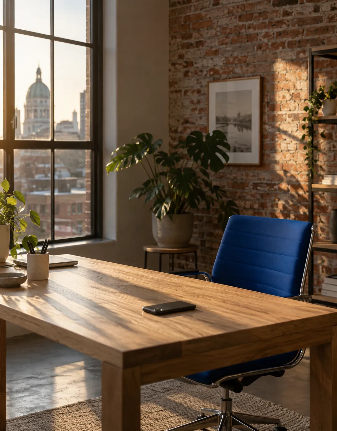 A sunlit office desk and a blue chair by a tall window looking out over the city’s rooftops.