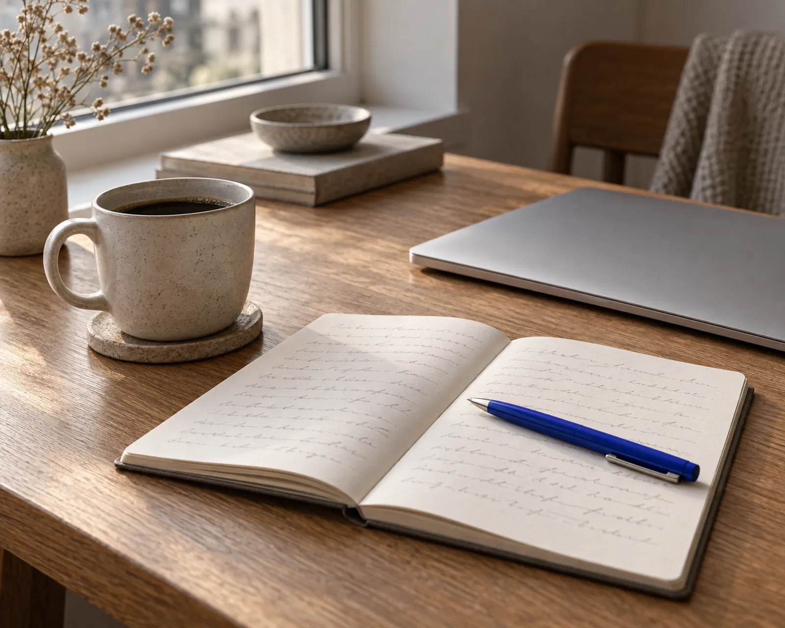 An open notebook with handwritten notes and a blue pen beside a coffee cup and a closed laptop on a wooden desk