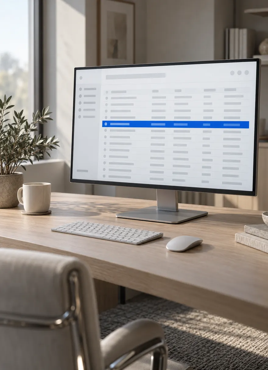 A desktop monitor on a pale wooden desk showing a CRM table of leads, one new row highlighted in blue.