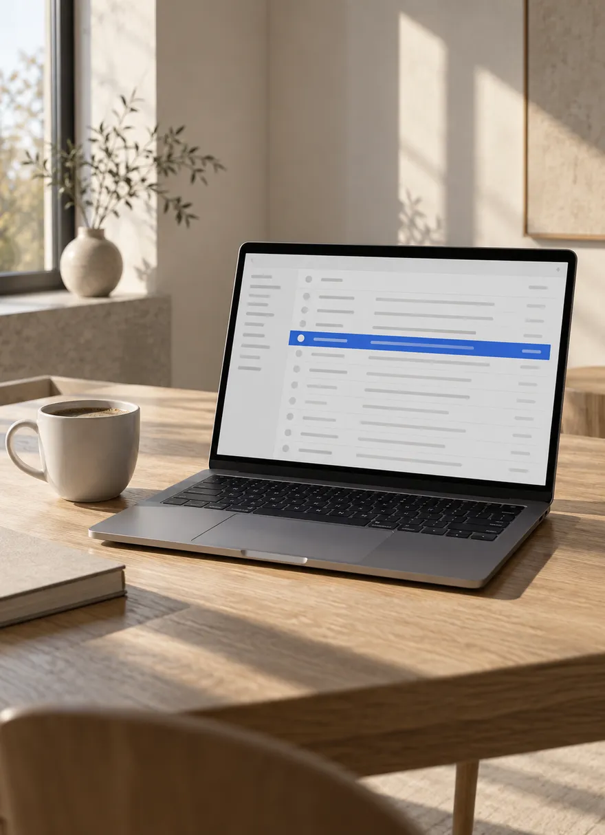 An open laptop on a desk showing an inbox with a new lead email highlighted, a coffee cup beside it.