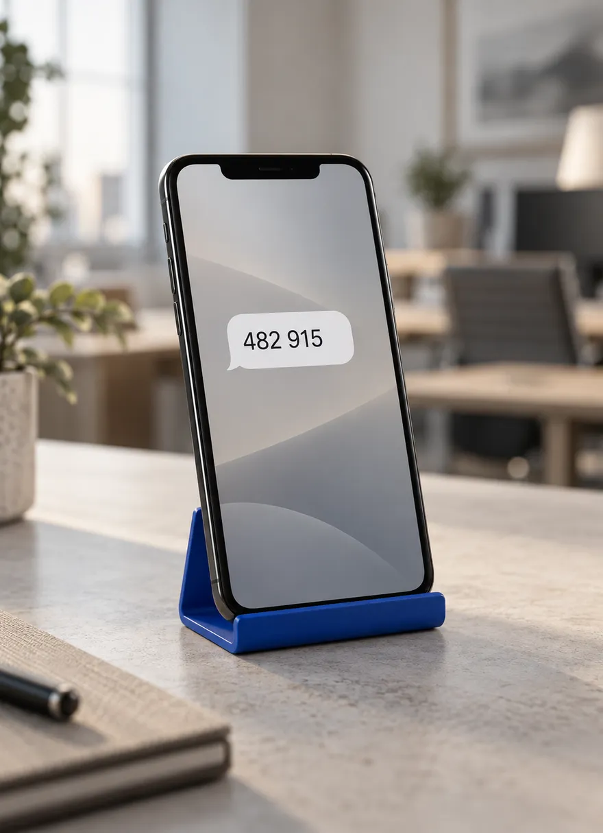A smartphone standing in a blue dock on a desk, a text message with a six-digit code on its screen.