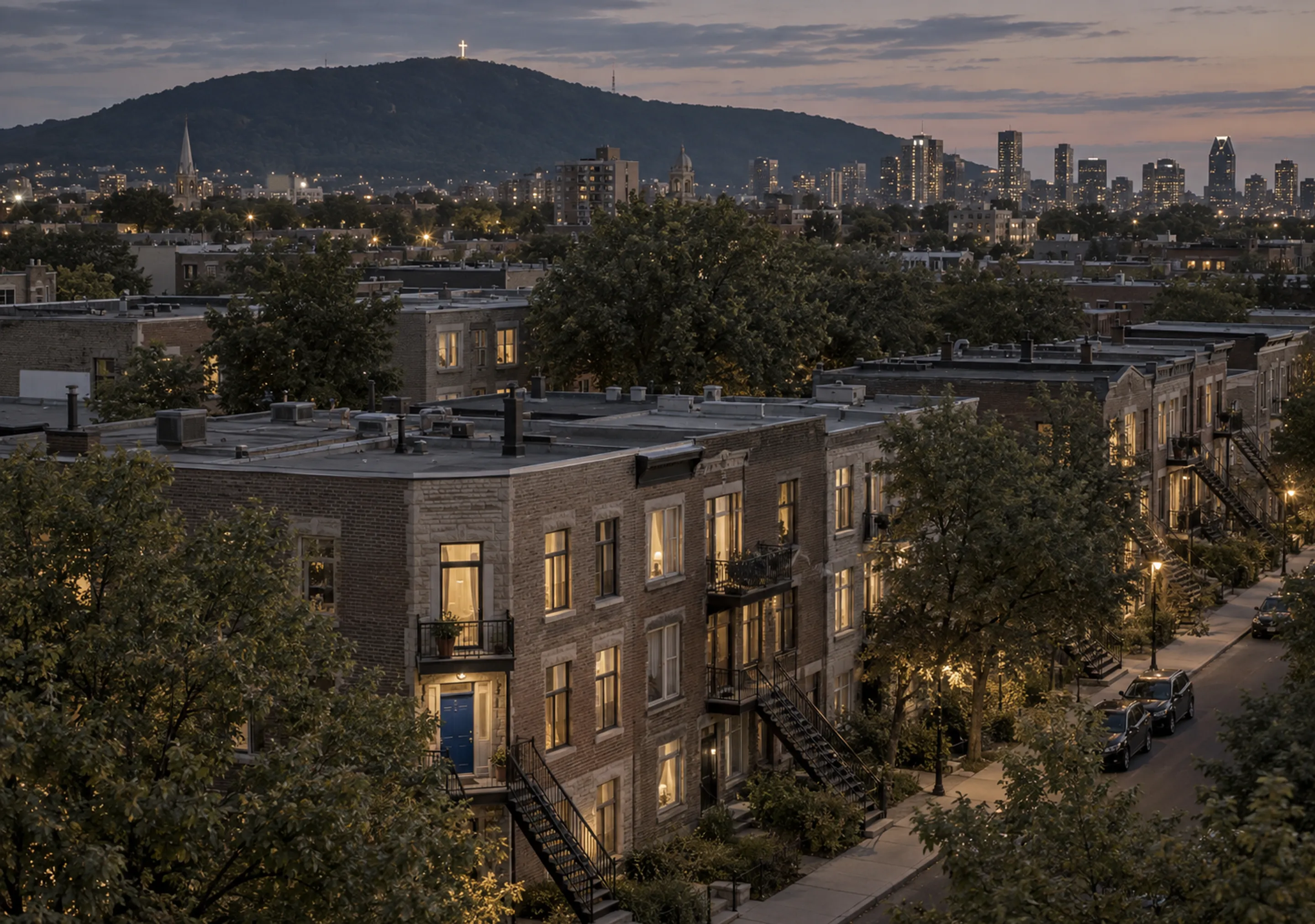 Montréal at dusk: rows of plex rooftops and lit windows, with downtown and Mount Royal on the horizon.