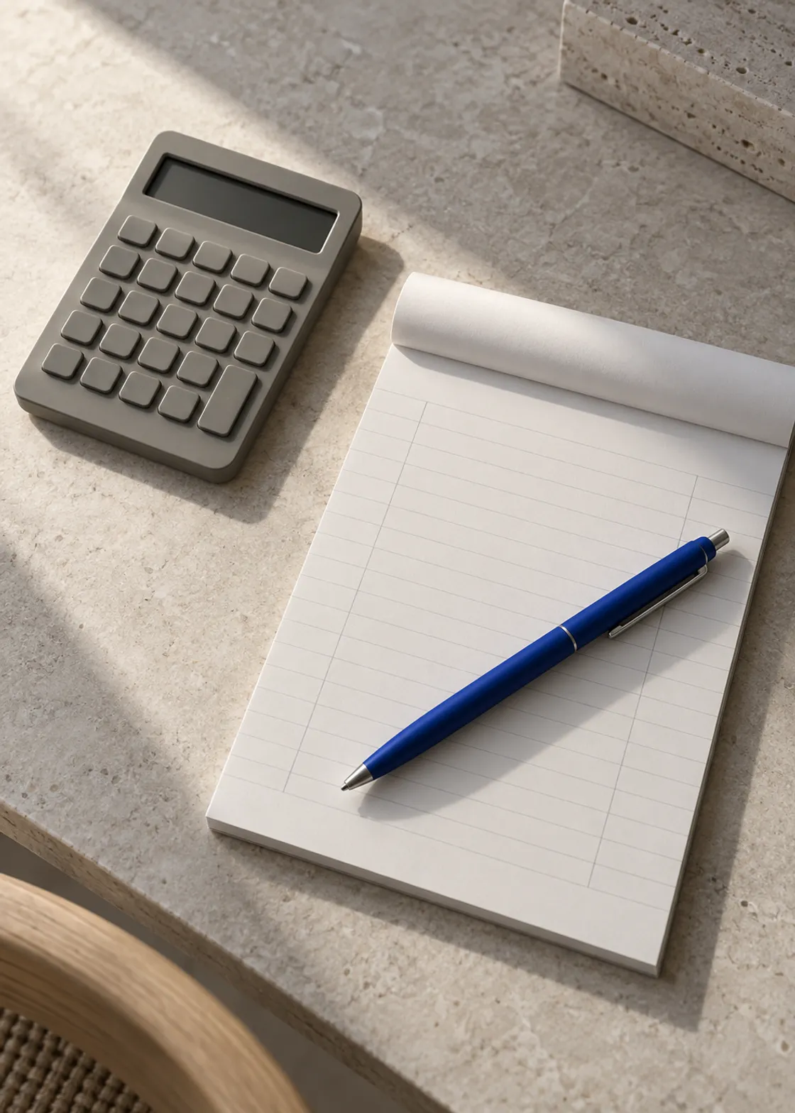 Une calculatrice grise à côté d’un bloc-notes ligné et d’un stylo bleu, sur un bureau en lin pâle.