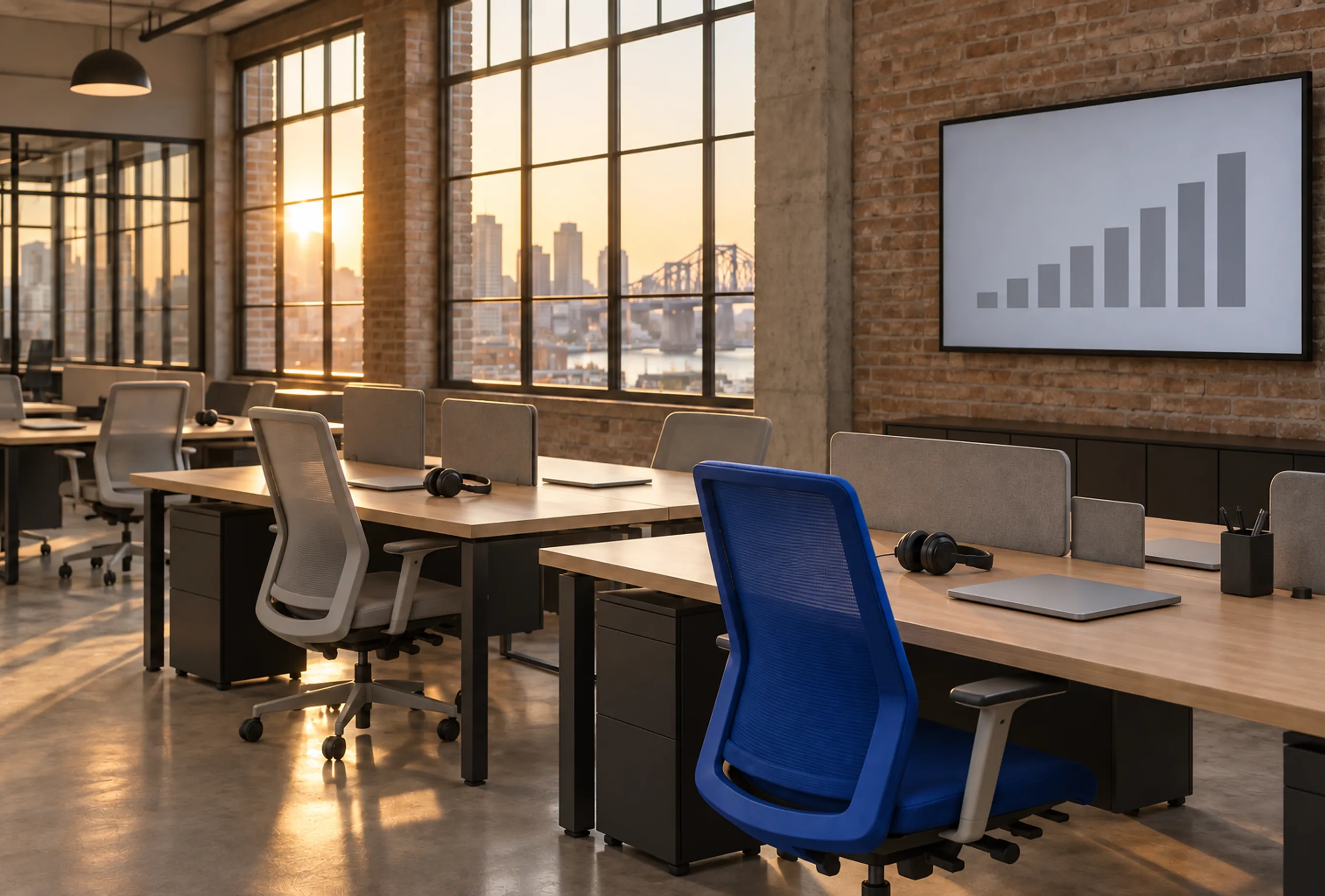 An empty sales office at golden hour: headsets on the desks and a rising bar chart on the wall screen.